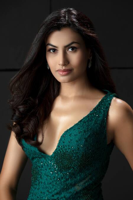 Rohit Gandhi + Rahul Khanna Green Tulle, Crepe Sequins, Crystals V-neck Supernova Beaded Gown Online at Aza Fashions Rohit Gandhi + Rahul Khanna_Green Tulle, Crepe Sequins, Crystals V-neck Supernova Beaded Gown _Online_at_Aza_Fashions