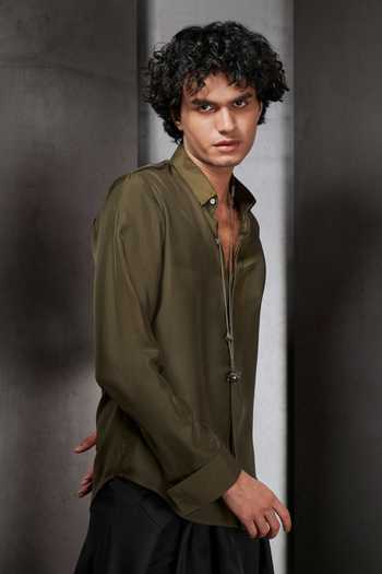 Buy_Rohit Gandhi + Rahul Khanna_Green Silk Embroidery Resham Work Placket Shirt_Online_at_Aza_Fashions