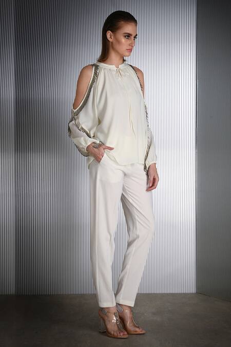 Buy_Rohit Gandhi + Rahul Khanna_White Polyester Tassels Bandeau Neck Cold Shoulder Top _Online_at_Aza_Fashions