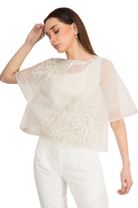 Buy_Rohit Gandhi + Rahul Khanna_Off White Microfiber Beads Round Neck Mesh Embroidered Top _Online_at_Aza_Fashions