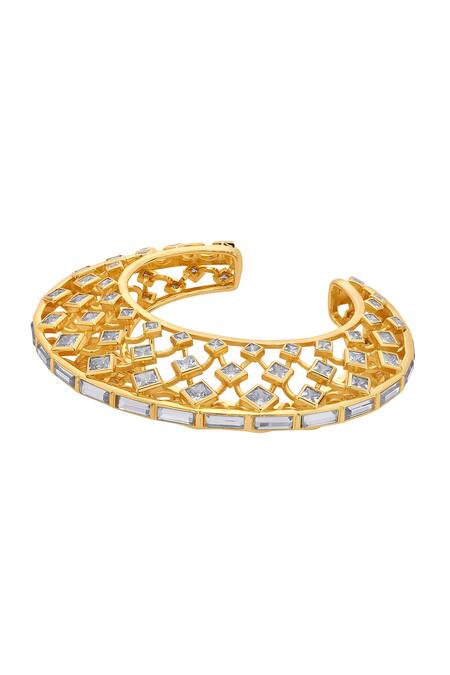 Isharya_Gold Plated Mirror, Cubic Zirconia Shiza And Statement Cuff_Online_at_Aza_Fashions