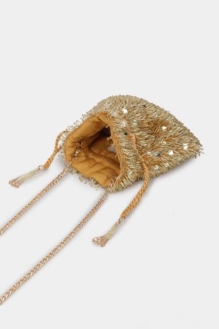 Shop_Aanchal Sayal_Gold Embroidered Bliss Handcrafted Potli Bag_Online_at_Aza_Fashions