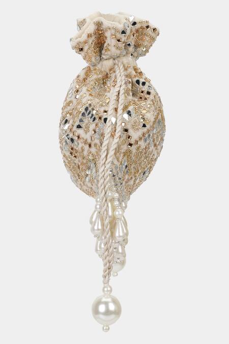 Aanchal Sayal Ivory Embroidered Ines Gota And Mirror Work Potli Bag Online at Aza Fashions Aanchal Sayal_Ivory Embroidered Ines Gota And Mirror Work Potli Bag_Online_at_Aza_Fashions