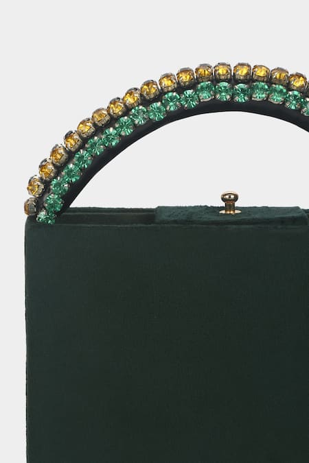 Shop Aanchal Sayal Green Stone Embroidered Emerald Box Bag Online at Aza Fashions Shop_Aanchal Sayal_Green Stone Embroidered Emerald Box Bag_Online_at_Aza_Fashions