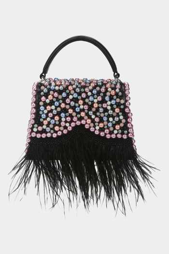 Aanchal Sayal_Black Pearls And Beads Daisy Embroidered Bag_Online_at_Aza_Fashions