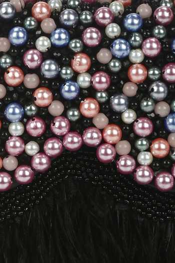 Aanchal Sayal_Black Pearls And Beads Daisy Embroidered Bag_at_Aza_Fashions