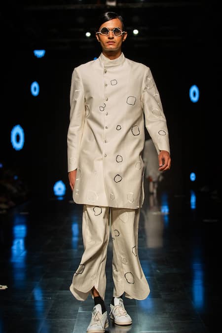 Shop_Antar Agni_Ivory Cotton, Silk Embroidery Moth Circles Shacket _Online_at_Aza_Fashions