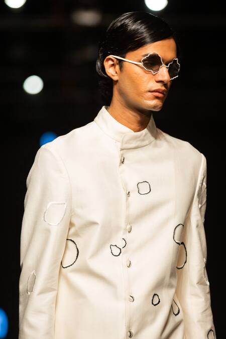 Antar Agni_Ivory Cotton, Silk Embroidery Moth Circles Shacket _at_Aza_Fashions