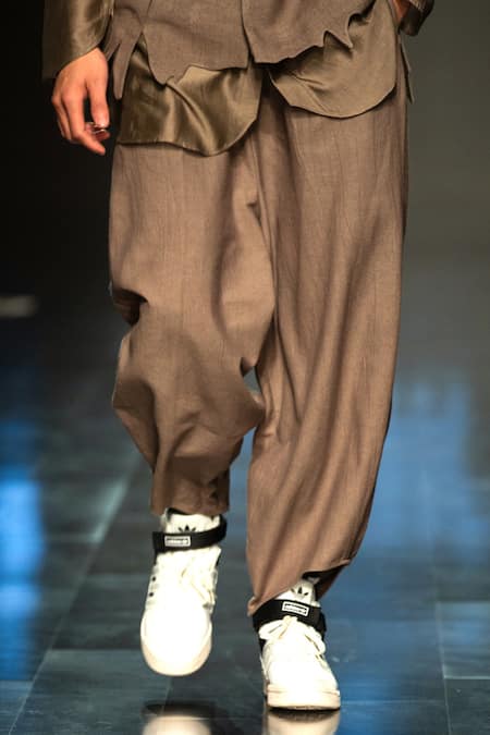 Buy_Antar Agni_Green Handloom Cotton Wide Leg Wing Trouser _Online_at_Aza_Fashions