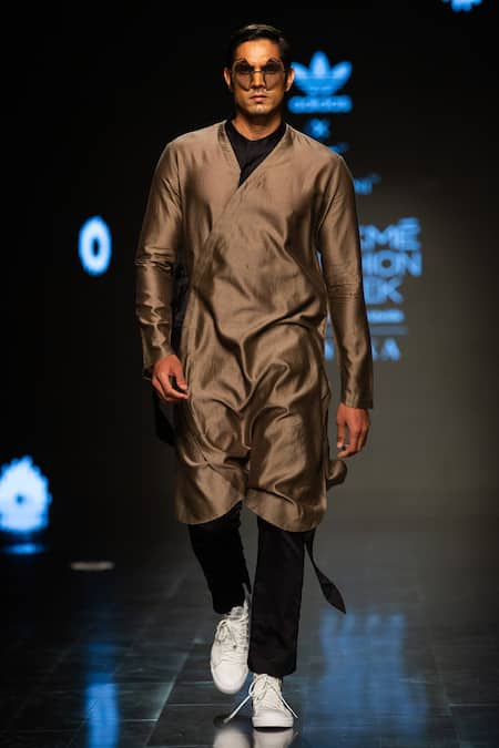 Buy_Antar Agni_Green Cotton, Silk Wrap Tie-up Kurta _Online_at_Aza_Fashions