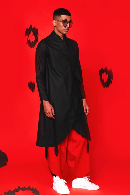 Antar Agni_Black Cotton, Silk Long Tail Kurta _at_Aza_Fashions