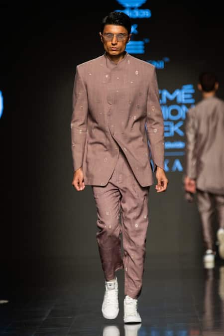 Antar Agni_Grey Handloom Cotton Embroidery Cluster Eyes Bandhgala _Online_at_Aza_Fashions