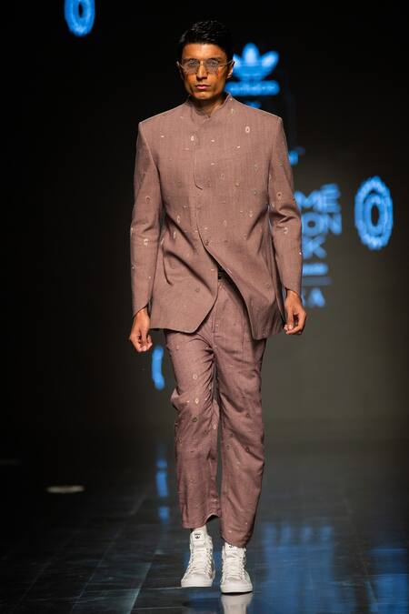 Antar Agni_Grey Handloom Cotton Embroidery Cluster Eyes Comfort Trouser _Online_at_Aza_Fashions