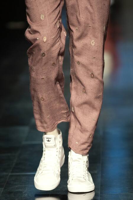 Shop_Antar Agni_Grey Handloom Cotton Embroidery Cluster Eyes Comfort Trouser _Online_at_Aza_Fashions