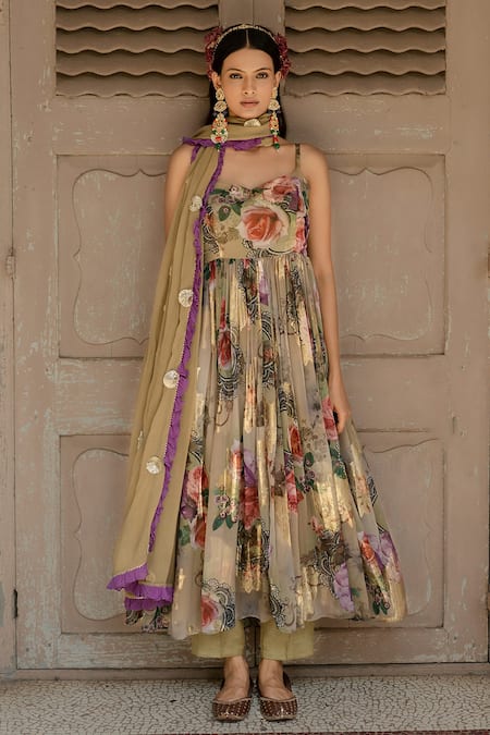 Amrin Khan_Green Georgette And Chiffon Print & Embroidery Strappy Anarkali Set  _at_Aza_Fashions