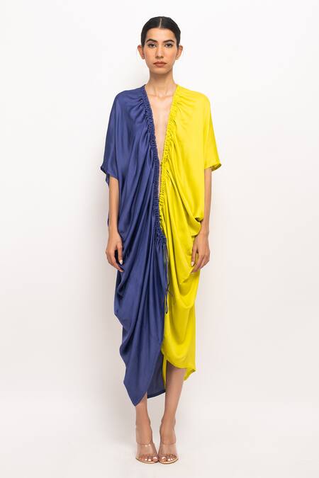 Neora By Nehal Chopra_Blue Color Blocked Cape _Online_at_Aza_Fashions