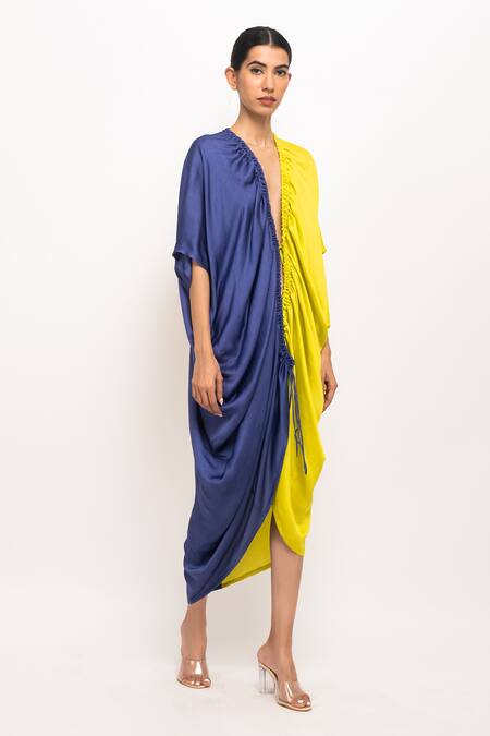 Buy_Neora By Nehal Chopra_Blue Color Blocked Cape _Online_at_Aza_Fashions