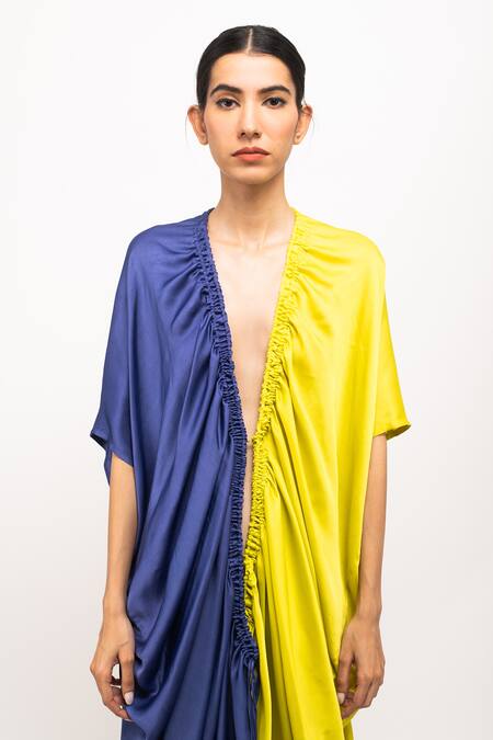 Shop_Neora By Nehal Chopra_Blue Color Blocked Cape _Online_at_Aza_Fashions