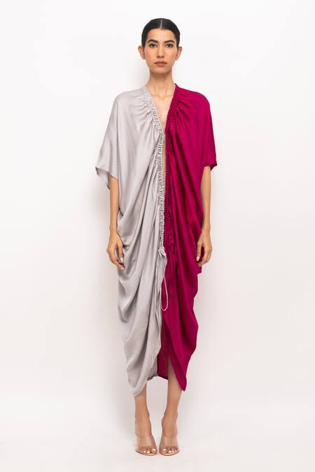 Neora By Nehal Chopra_Wine Asymmetrical Cape _Online_at_Aza_Fashions