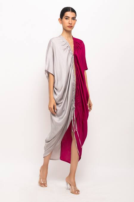 Buy_Neora By Nehal Chopra_Wine Asymmetrical Cape _Online_at_Aza_Fashions