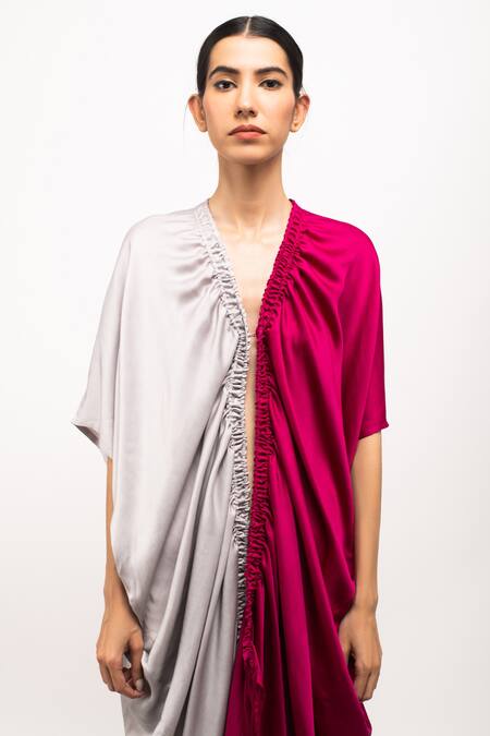 Shop_Neora By Nehal Chopra_Wine Asymmetrical Cape _Online_at_Aza_Fashions