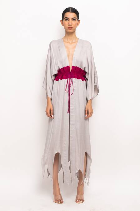 Buy_Neora By Nehal Chopra_Grey Ruched Asymmetrical Cape _Online_at_Aza_Fashions