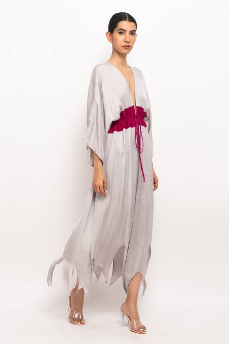 Shop_Neora By Nehal Chopra_Grey Ruched Asymmetrical Cape _Online_at_Aza_Fashions