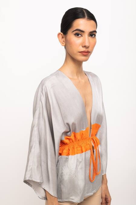 Neora By Nehal Chopra_Grey Asymmetrical Short Cape _Online_at_Aza_Fashions