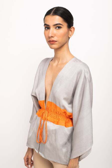 Buy_Neora By Nehal Chopra_Grey Asymmetrical Short Cape _Online_at_Aza_Fashions