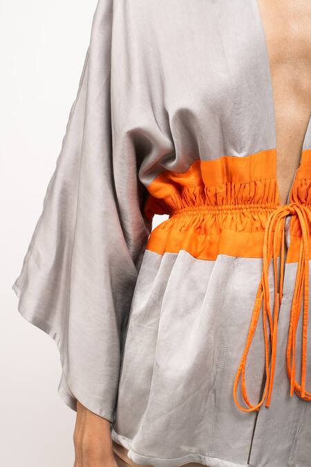 Neora By Nehal Chopra_Grey Asymmetrical Short Cape _at_Aza_Fashions