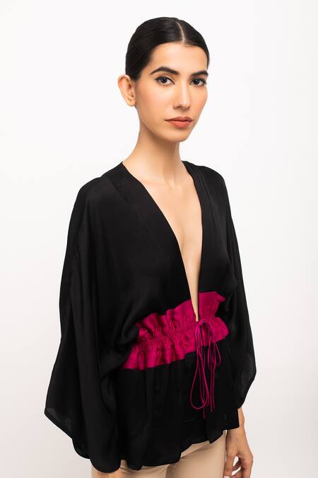 Shop_Neora By Nehal Chopra_Black Ruched Asymmetrical Short Cape _Online_at_Aza_Fashions