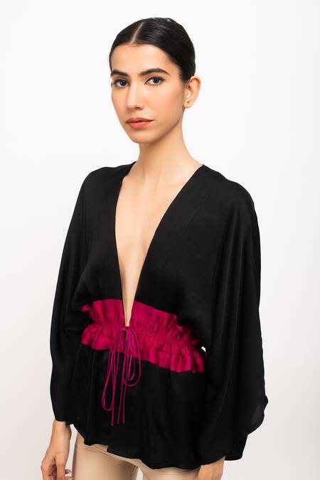 Neora By Nehal Chopra_Black Ruched Asymmetrical Short Cape _at_Aza_Fashions