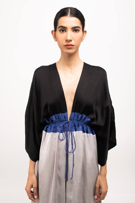 Shop_Neora By Nehal Chopra_Black Color Blocked High-low Cape _Online_at_Aza_Fashions