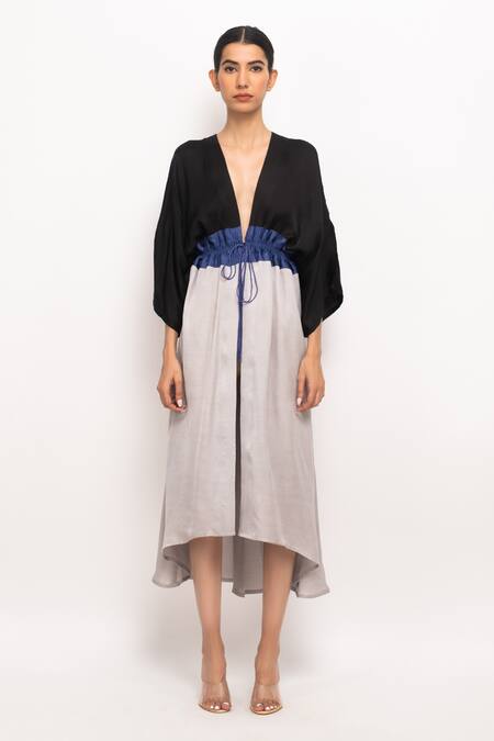 Neora By Nehal Chopra_Black Color Blocked High-low Cape _Online_at_Aza_Fashions