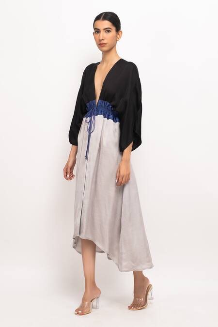 Buy_Neora By Nehal Chopra_Black Color Blocked High-low Cape _Online_at_Aza_Fashions