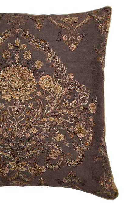 Khaabka_Brown Silk Embroidery Hand Cushion Cover - Set Of 2_Online_at_Aza_Fashions