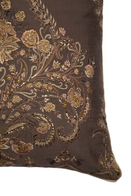 Buy_Khaabka_Brown Silk Embroidery Hand Cushion Cover - Set Of 2_Online_at_Aza_Fashions