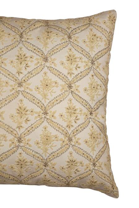Khaabka Gold Chanderi Silk Embroidery Geometric Floral Cushion Cover - Set Of 2 Online at Aza Fashions Khaabka_Gold Chanderi Silk Embroidery Geometric Floral Cushion Cover - Set Of 2_Online_at_Aza_Fashions