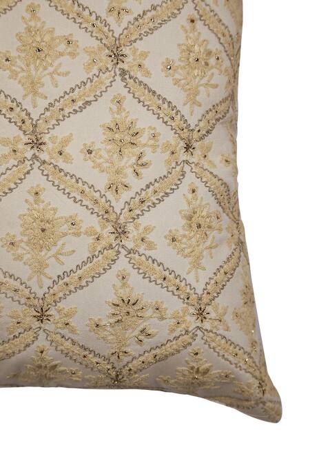 Buy Khaabka Gold Chanderi Silk Embroidery Geometric Floral Cushion Cover - Set Of 2 Online at Aza Fashions Buy_Khaabka_Gold Chanderi Silk Embroidery Geometric Floral Cushion Cover - Set Of 2_Online_at_Aza_Fashions