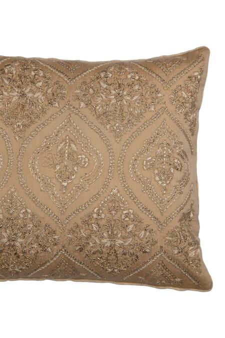 Khaabka Brown Chanderi Silk Embroidery Cushion Cover - Set Of 2 Online at Aza Fashions Khaabka_Brown Chanderi Silk Embroidery Cushion Cover - Set Of 2_Online_at_Aza_Fashions