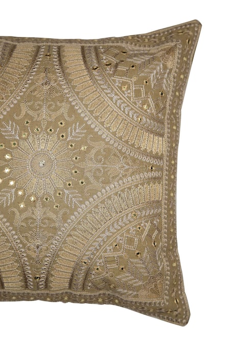 Khaabka_Brown Cotton Linen Embroidery Tonal Cushion Cover - Set Of 2_Online_at_Aza_Fashions