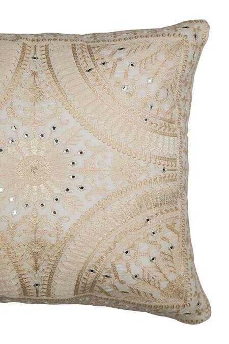 Khaabka_Off White Cotton Linen Embroidery Thread And Mirror Work Cushion Cover - Set 2_Online_at_Aza_Fashions