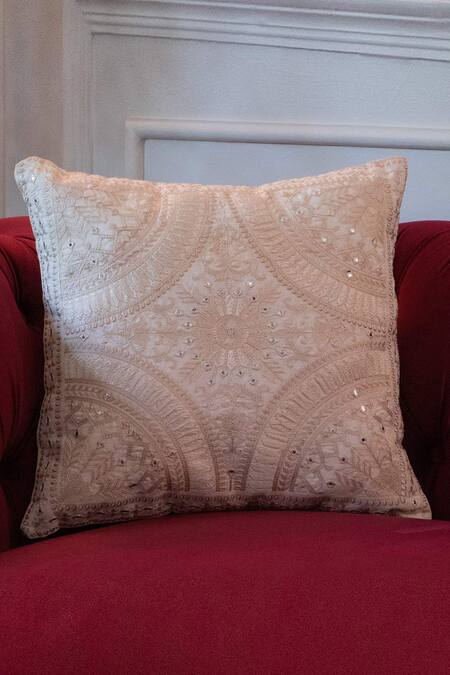 Shop_Khaabka_Off White Cotton Linen Embroidery Thread And Mirror Work Cushion Cover - Set 2_Online_at_Aza_Fashions