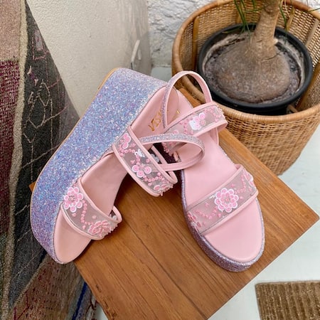 Tiesta_Pink Embroidery Camila Strap Wedges _Online_at_Aza_Fashions