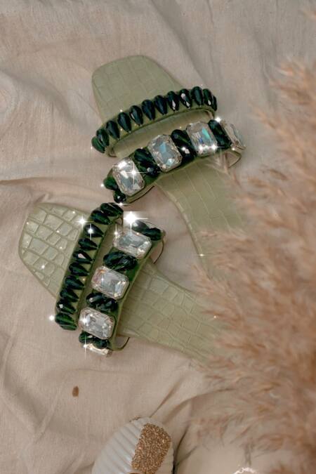 The Episode_Green Raining Diamonds Embellished Flats _Online_at_Aza_Fashions