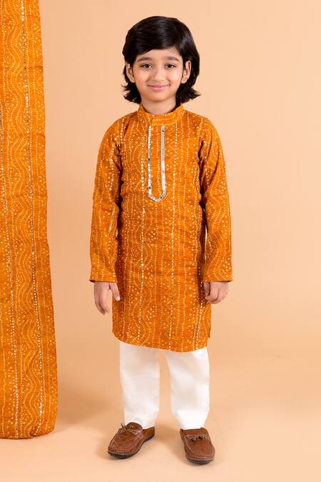 Shop_Chotibuti_Yellow Cotton, Lycra Fabric Flowers, Mirrors Bandhani Print Kurta And Pant Set _Online_at_Aza_Fashions