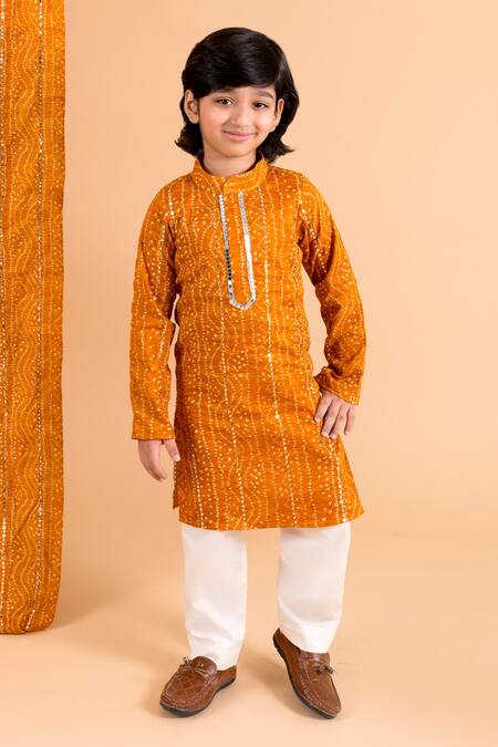 Chotibuti_Yellow Cotton, Lycra Fabric Flowers, Mirrors Bandhani Print Kurta And Pant Set _Online_at_Aza_Fashions