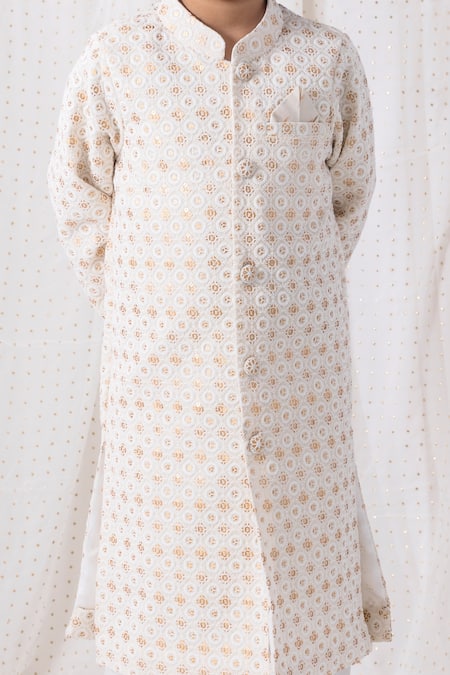 Chotibuti_Ivory Cotton Sequins, Embroidery Sherwani Set _Online_at_Aza_Fashions