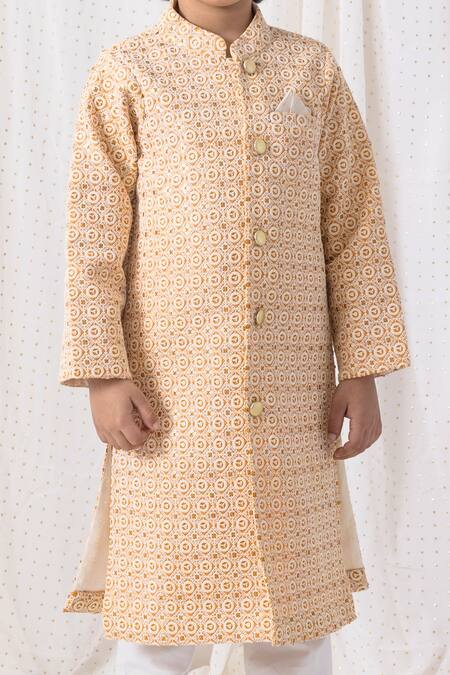 Chotibuti Yellow Cotton Embroidery Thread Sherwani Set Online at Aza Fashions Chotibuti_Yellow Cotton Embroidery Thread Sherwani Set _Online_at_Aza_Fashions