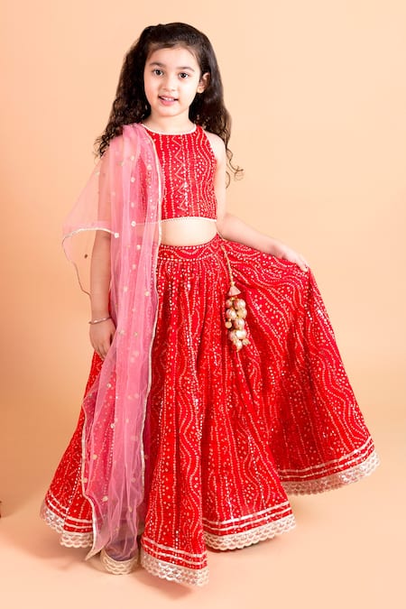 Buy_Chotibuti_Red Cotton, Net Fabric Flowers, Gota Patti, Bandhani Print Lehenga Set _Online_at_Aza_Fashions